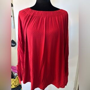 LOFT Red Smocked Yoke Long Sleeve Blouse